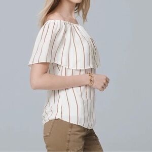 White House Black Market Cream Stripe Off-Shoulder Blouse Size XS Elegant Ruffle